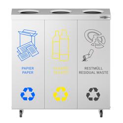Sopstation - rullande - 3 fack à 25 liter - 755x255x725 mm - med hjul (2 låsbara) & avtagbara behållare - rostfritt stål