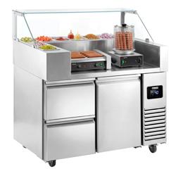Commercial Refrigerated Prep Table  - 1 Door + 2 Drawers - 1210 mm - for 9× GN 1/6 - Hotdog grill & warmer included