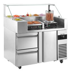 Commercial Refrigerated Prep Table  - 1 Door + 2 Drawers - 1210 mm - for 9× GN 1/6 - Hotdog grill & warmer included
