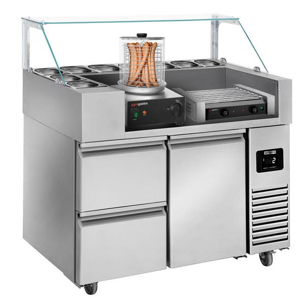 Mesa de preparación refrigerada/ Saladette - 1,21 x 0,7 m - con 1 puerta y 2 cajones 1/2 - incl. Parrilla de salchichas / Parrilla y vaporizador para Hot Dogs