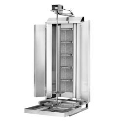 Gáz Gyros sütő - 5 égő - 16,25 kW - max. 80 kg - Asztali kivitel - tartozékokkal: 2 védőlemez, 2 összecsukható ajtó, nyárs, zsírfogó tálca