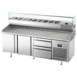 Pizzawerkbank PREMIUM PLUS - 1980x700mm - met granieten werkblad - met 2 deuren & 2 laden - incl. glasvitrine - 9x GN 1/4