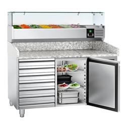 Pizzawerkbank ECO - 1500x800mm - met granieten werkblad - met 1 deur & 7 laden - incl. glasvitrine - 7x GN 1/4