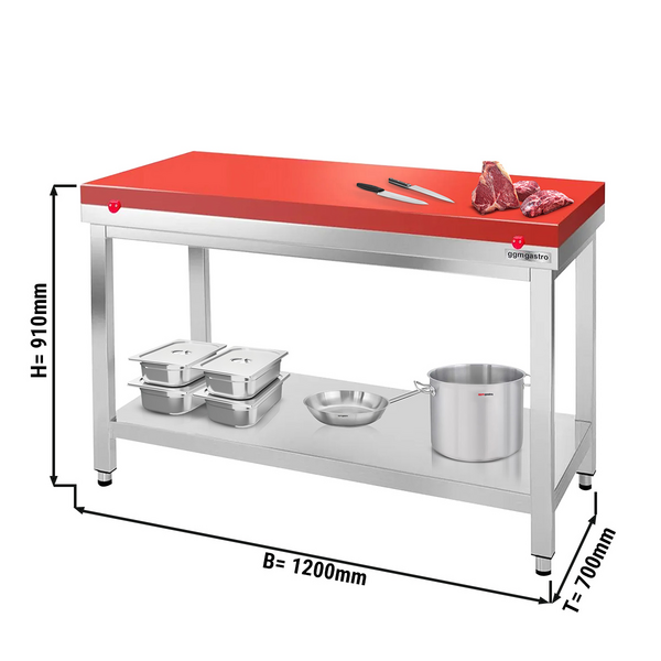 Mesa de trabajo de acero inoxidable PREMIUM - 1,2 m - con base - placa de corte incluida en rojo