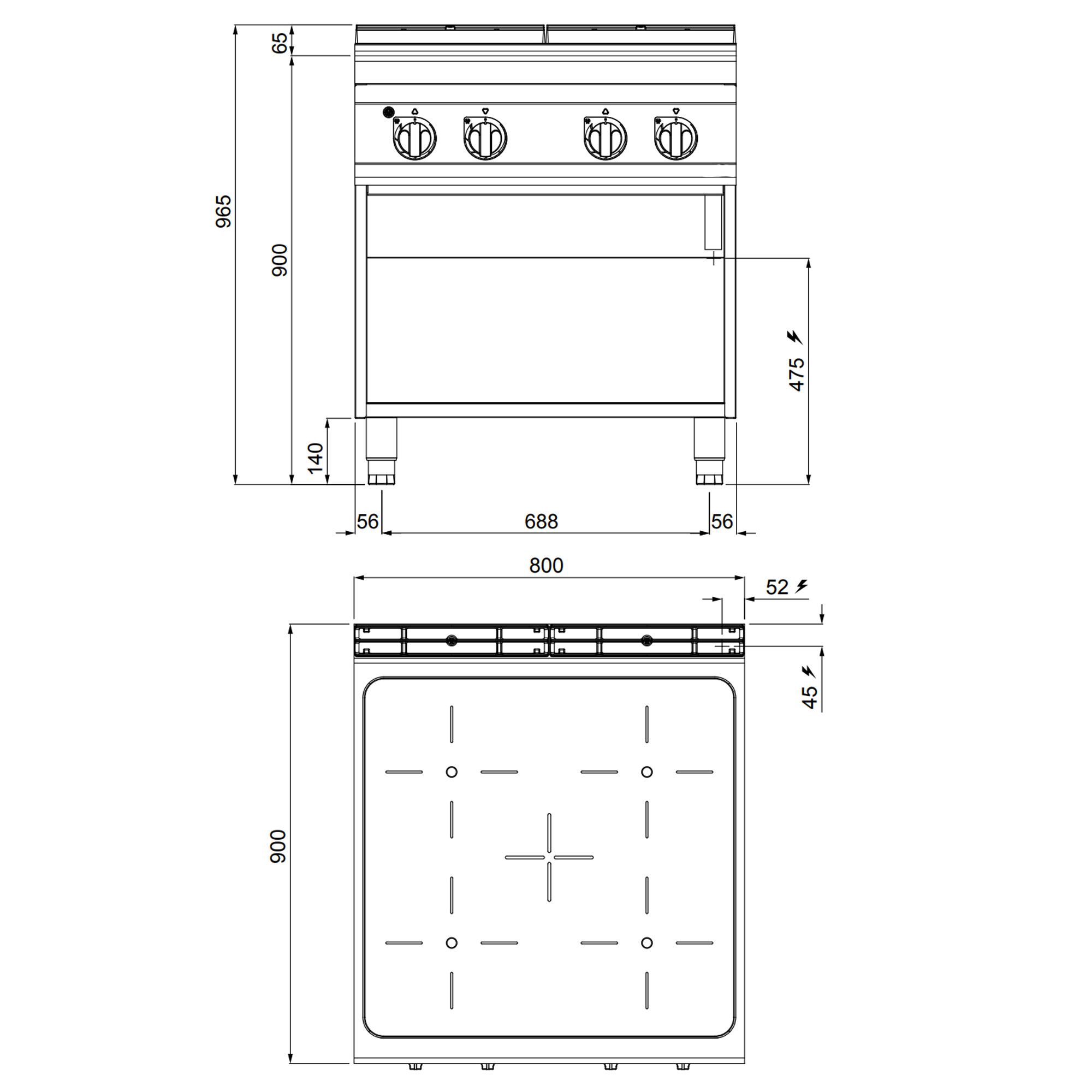 Réchaud vitrocéramique à poser - 16kW - 4 foyers infrarouges - sur placard ouvert