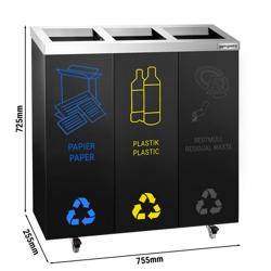 Afvalbak - afvalscheidingssysteem op wielen - 3 x 25L - 725x755x255mm - met 4 wielen (2 met rem) - met uitneembare binnenbakken, inclusief stickerset voor Papier/Plastic/Rest/Bio - Zwart/Zilver - staal