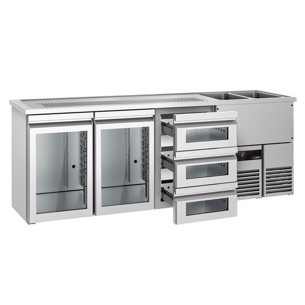 Barowy stół chłodniczy PREMIUM - 2500x700 mm - 2 szklane drzwi & 3 szklane szuflady