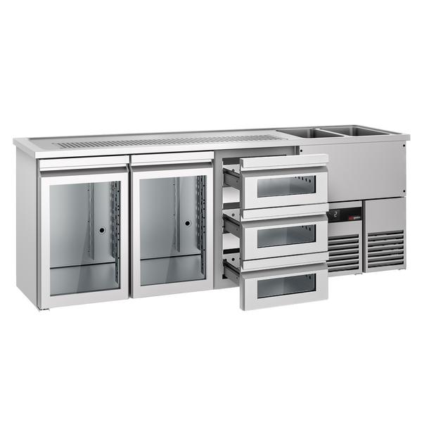 Barkoelkast PREMIUM - 2500x700mm - 2 glazen deuren & 3 laden