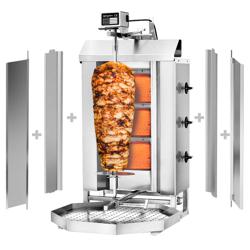 Machine à Kebab / Gril vertical à gaz - 3 brûleurs - pour 40kg de viande - 9.75kW - livré avec 2 pare-graisses, 2 volets, 1 broche, bac à graisse, injecteurs gaz naturel et propane