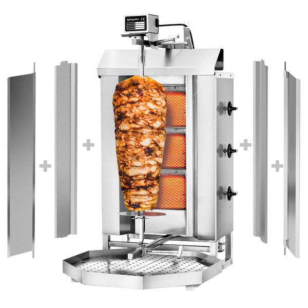 Macchina per Kebab Professionale a Gas  - 3 bruciatori - max 40kg - Da banco - incl. 2 protezioni laterali; 2 sportelli; vaschetta raccogli grassi; ugelli metano e GPL