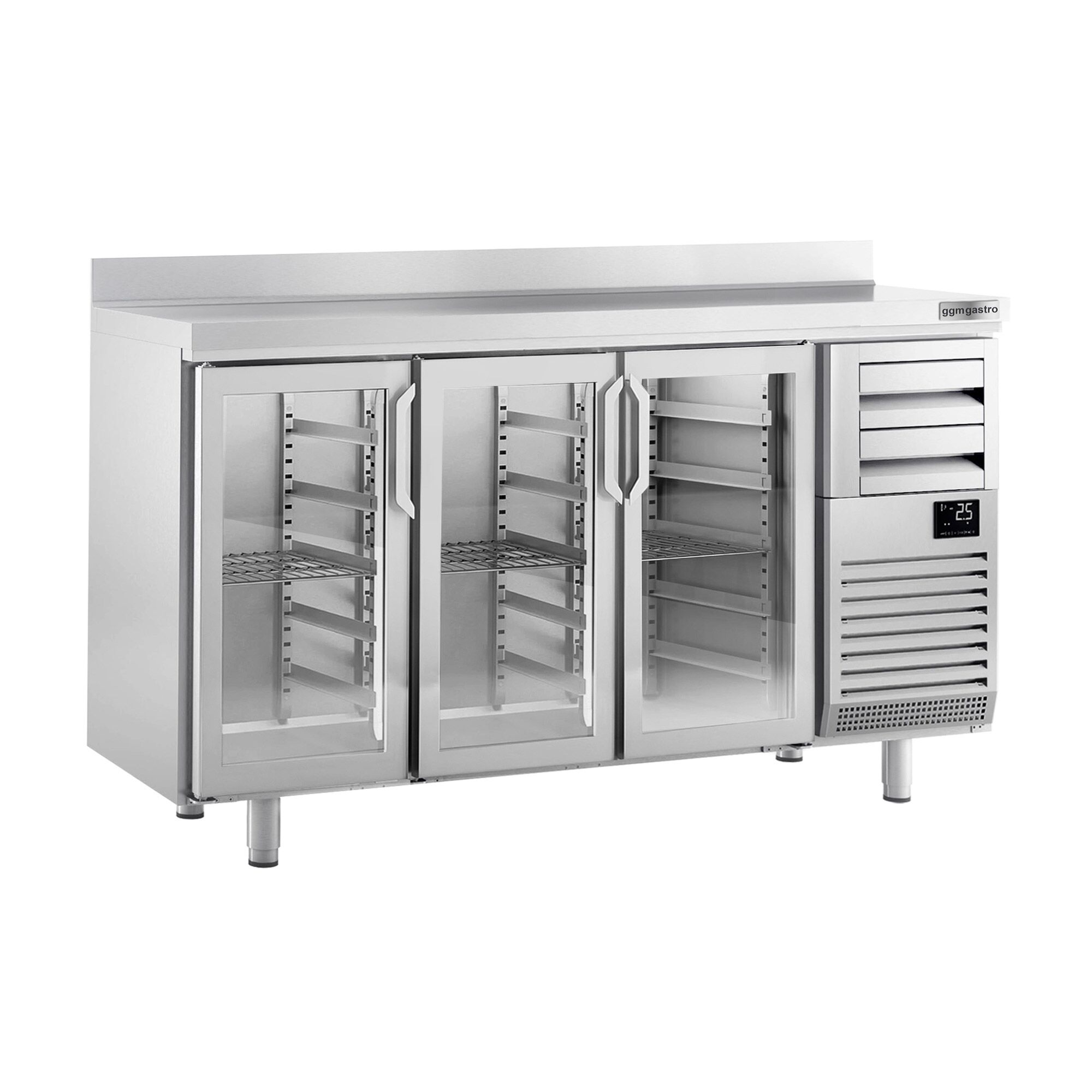 Arrière-bar réfrigéré professionnel Premium PLUS - 1960 x 600 mm - avec 3 portes en verre, 2 tiroirs et dosseret