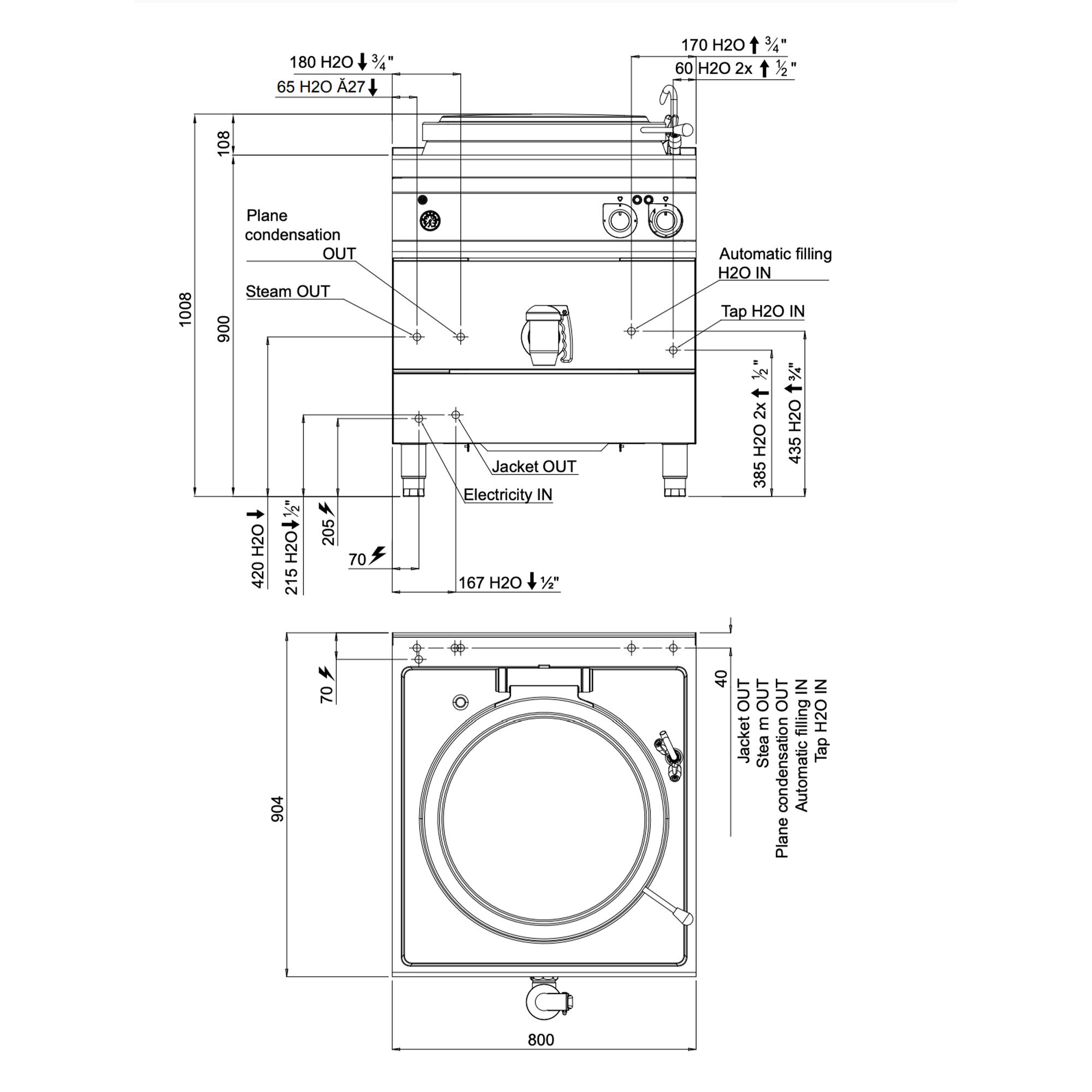 Marmite électrique de cuisson - 150 litres - 18 kW - chauffage indirect - avec arrivée d’eau et robinet de vidange