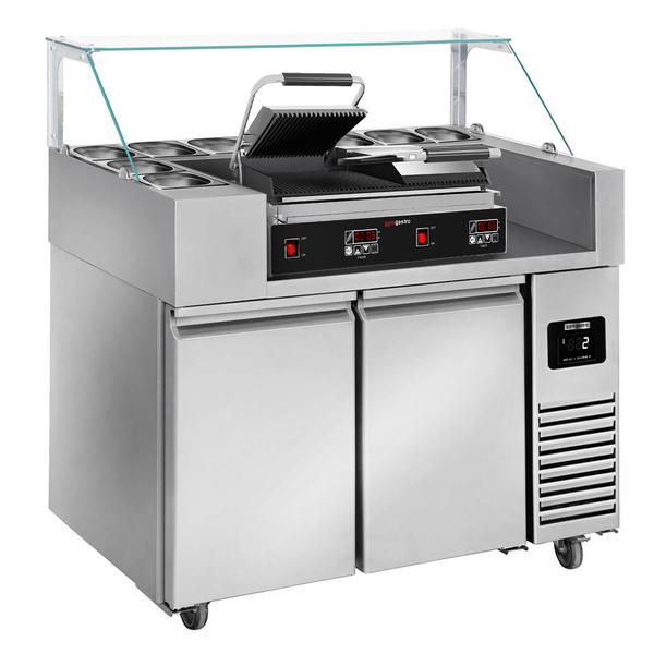 Commercial Refrigerated Prep Table PREMIUM – Glass Top – 2 Doors – 1210 mm – for 9× GN 1/6 – Includes contact grill (3.6 kW)