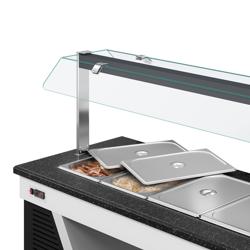 Heated Bain Marie Counter BELFAST - 1600mm - with Bain Marie Well + Flat Glass Sneeze Guard - on Castors - for 4x GN 1/1 - Black