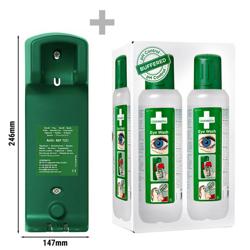 Trousse de premiers secours EYEWASH STATION - remplie - Vert - avec support mural, 2 flacons 500ml, solution saline tamponnée pH 7,5, stérile