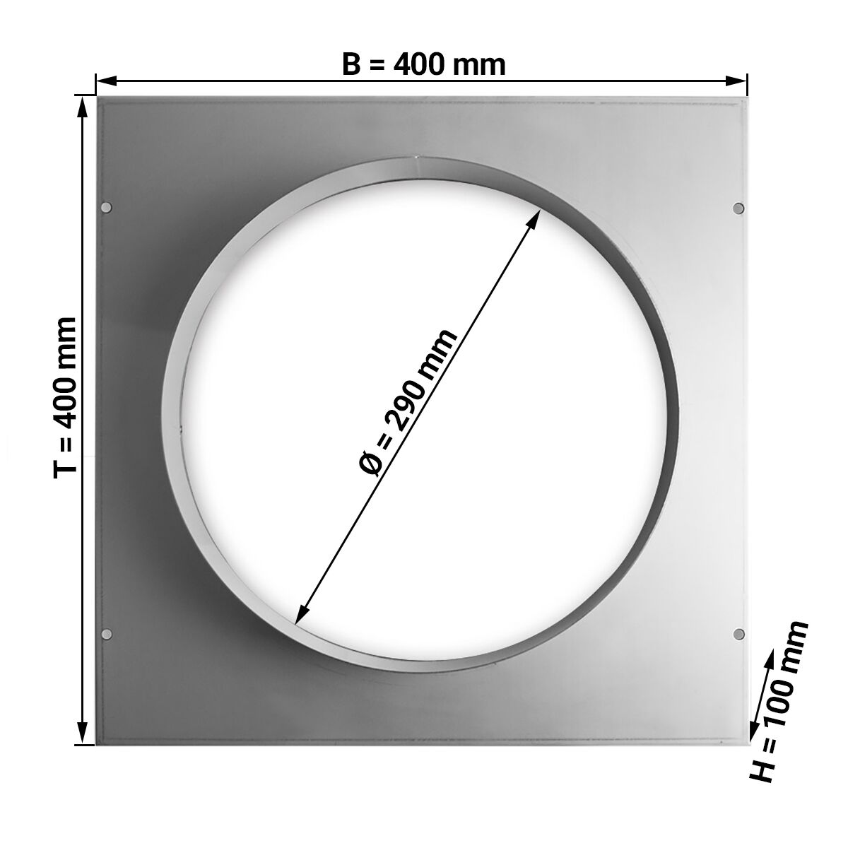 Platine virole - Inox - 400x400mm - Ø 290mm - Raccord mâle - pour hotte professionnelle