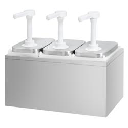 Dávkovač omáčky - nerezová ocel AISI 304, nádoby polypropylen - se stojanem - 3× 2 l - 375x215x325 mm - einstellbarer Dosierung - s nádobou - nekapající výtok - vč. nerezového stojanu