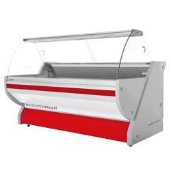 Koeltoonbank Tuva - 2515x1150mm - 500 liter - kleur rood - achterzijde 3 schuifdeuren - gebogen ruit - granit werkblad