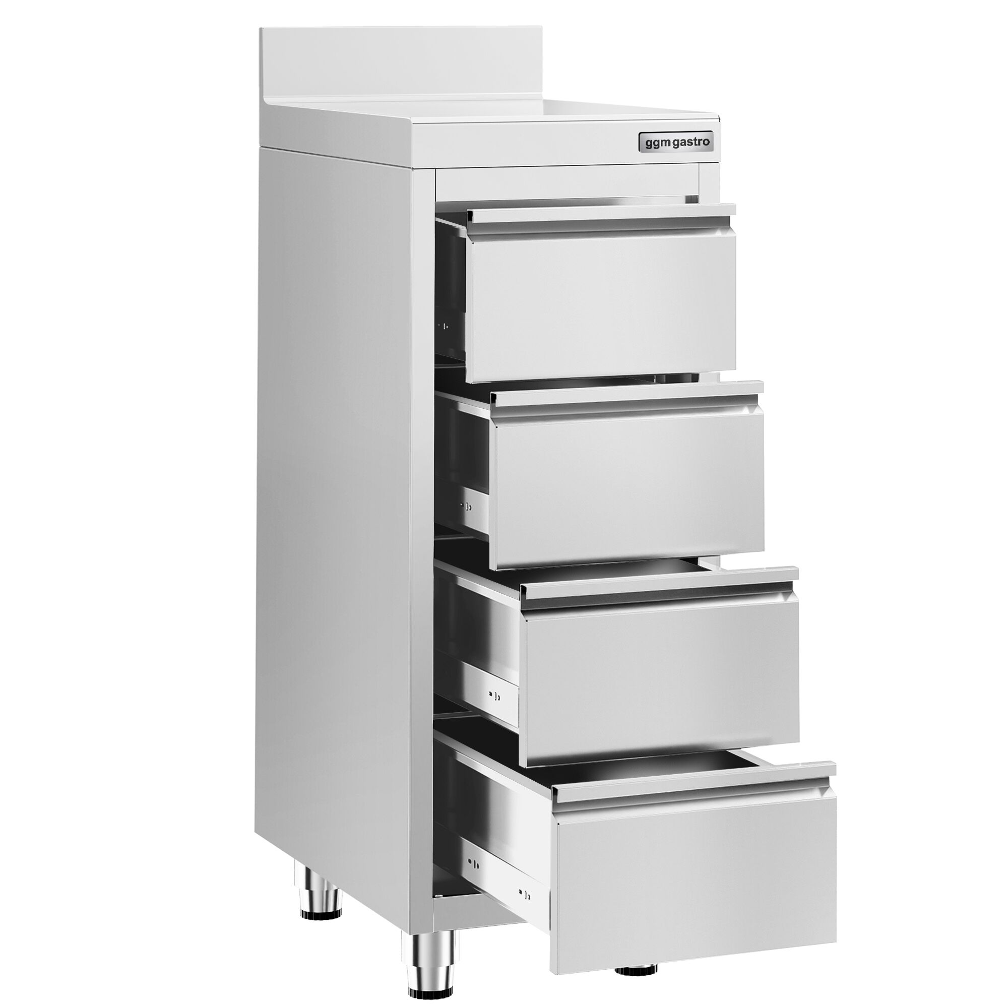 Meuble bas à tiroirs PREMIUM - Acier inoxydable - avec 4 tiroirs & dosseret - 400x600mm