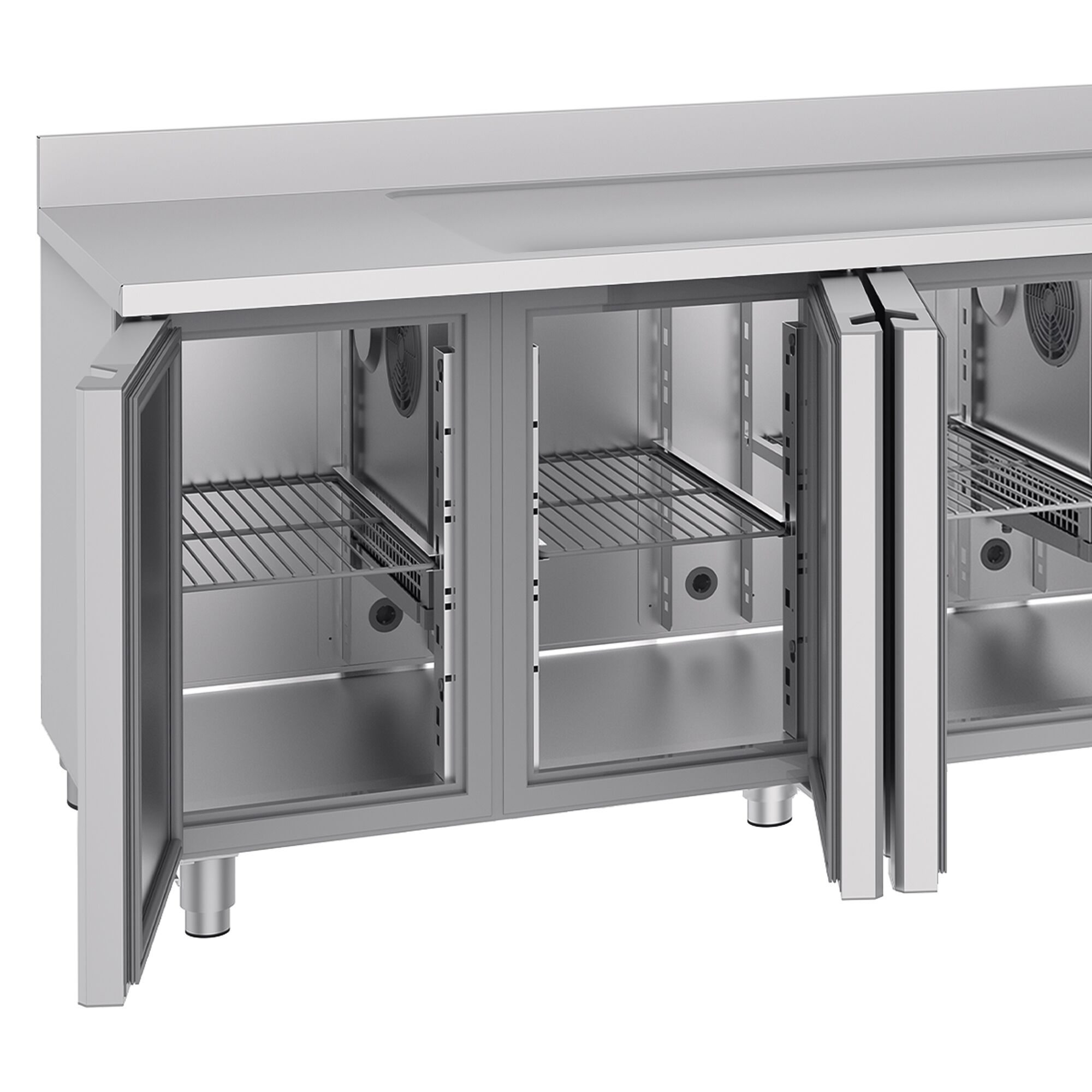 Table réfrigérée PREMIUM - 2360x700 mm - avec 4 portes, 1 bac à droite - avec dosseret