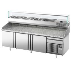Pizzawerkbank PREMIUM PLUS - 2305x800mm - met granieten werkblad - met 3 deuren & 1 laden - incl. glasvitrine - 10x GN 1/3
