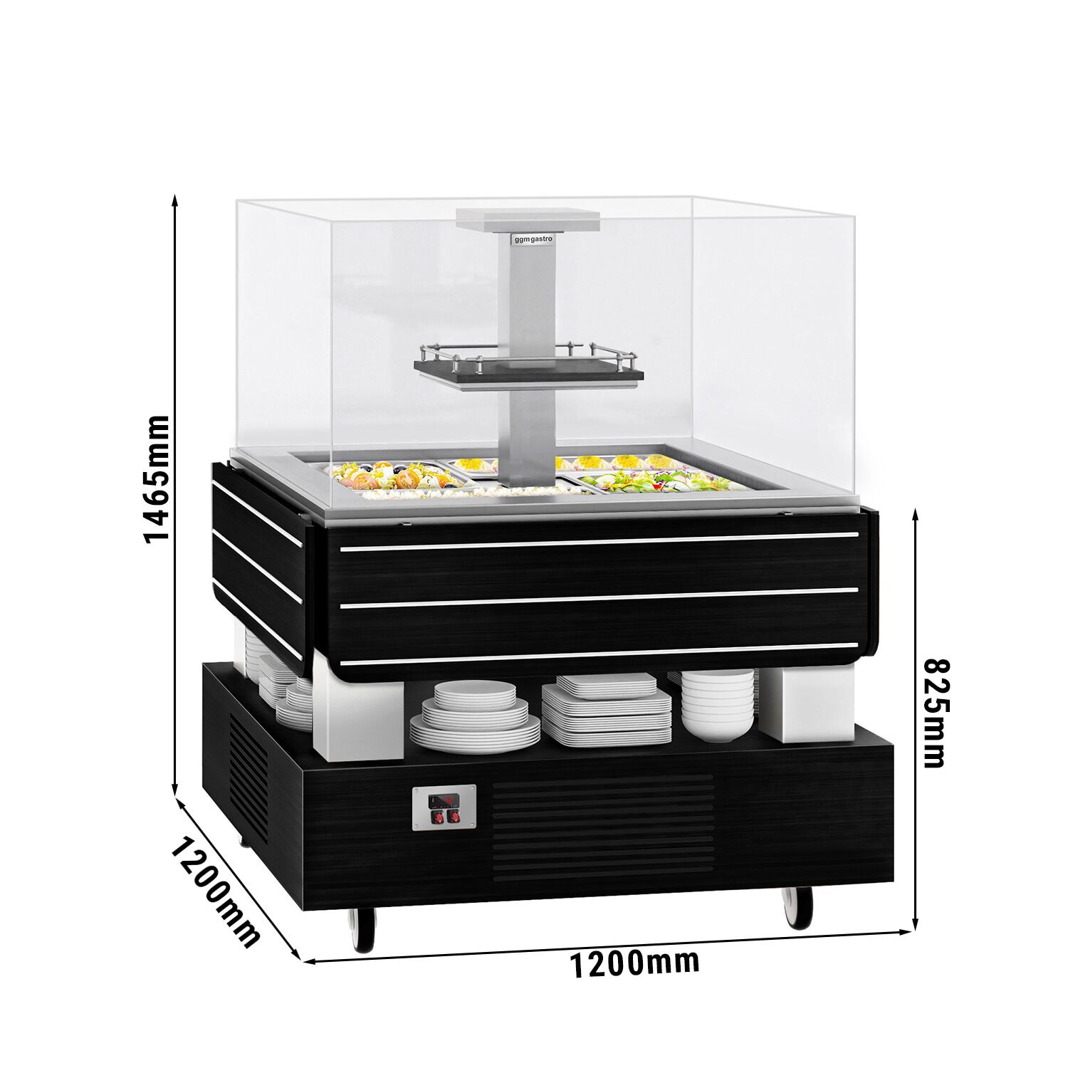 Refrigerated Salad Bar DUBLIN - 1700mm - with Refrigerated Well + Angled Glass Sneeze Guard - on Castors - for 4x GN 1/1 - Black