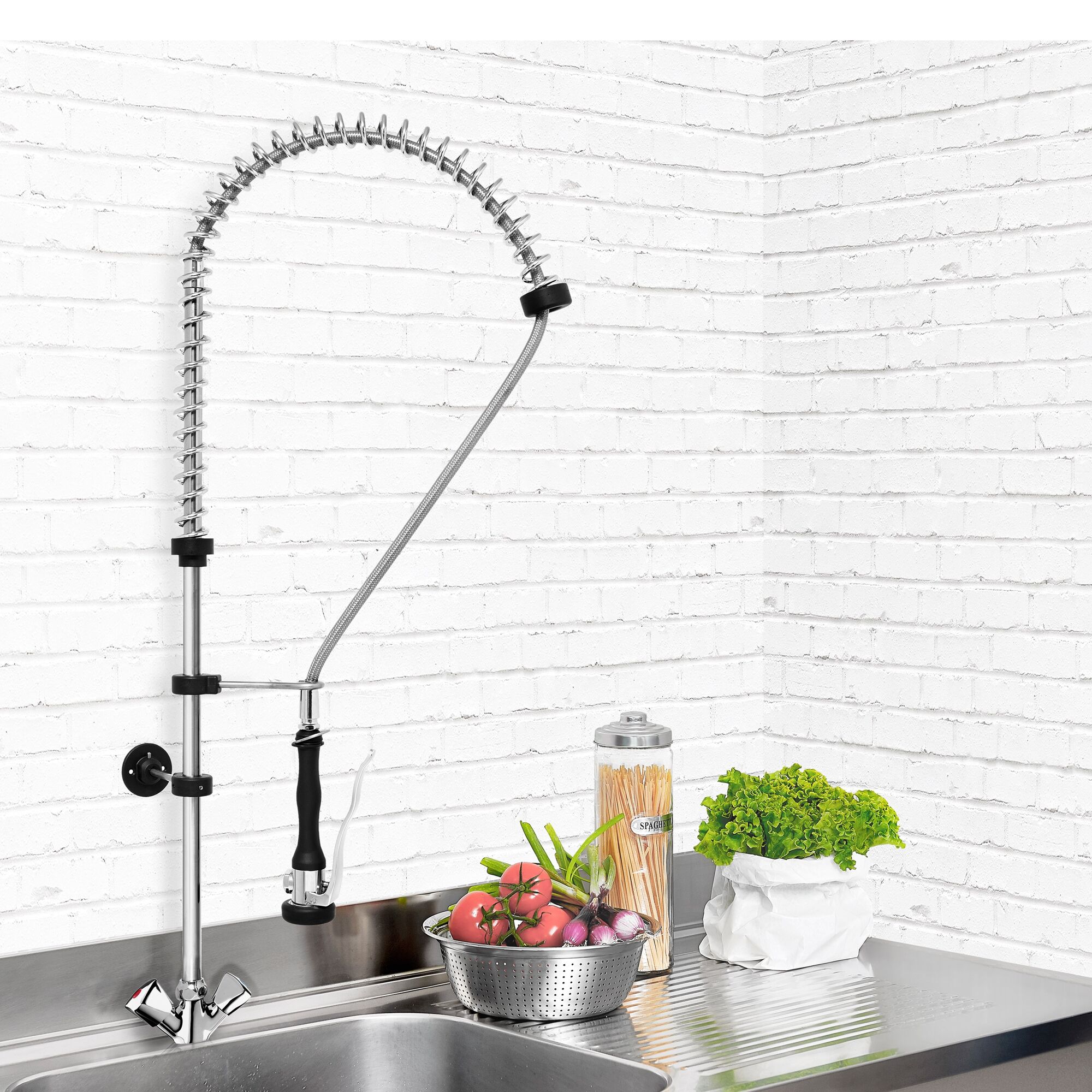 Monobloc pre-rinse spray unit 1000 PREMIUM PLUS - wall-mounted - with twin levers, spray gun, flexible hose & wall bracket included - height 1070mm