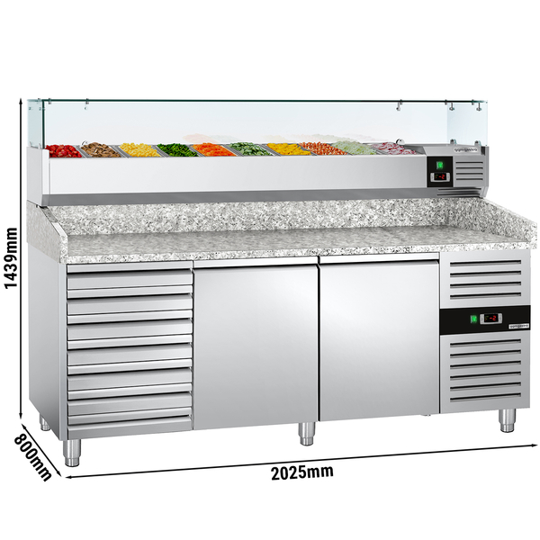 ECO - 9x GN 1/3 - طاولة تبريد البيتزا - 2000×800 مم - بابين - 7 أدراج وواجهة عرض مبردة