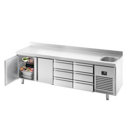 Kühltisch Premium PLUS - 2452x700mm - mit 1 Becken, 2 Türen, 6 Schubladen - Aufkantung