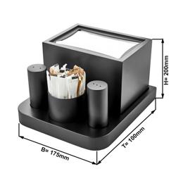 Set condimente - set 4 piese - Înălțime: 200 mm - suport din oțel inoxidabil - incl. Distribuitor de șervețele; Suport pentru scobitori; Set solniță și piperniță - negru