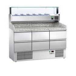 Pizzawerkbank ECO - 1400x700mm - met granieten werkblad - met 6 laden 1/2 - incl. glasvitrine LED - 6x GN 1/4