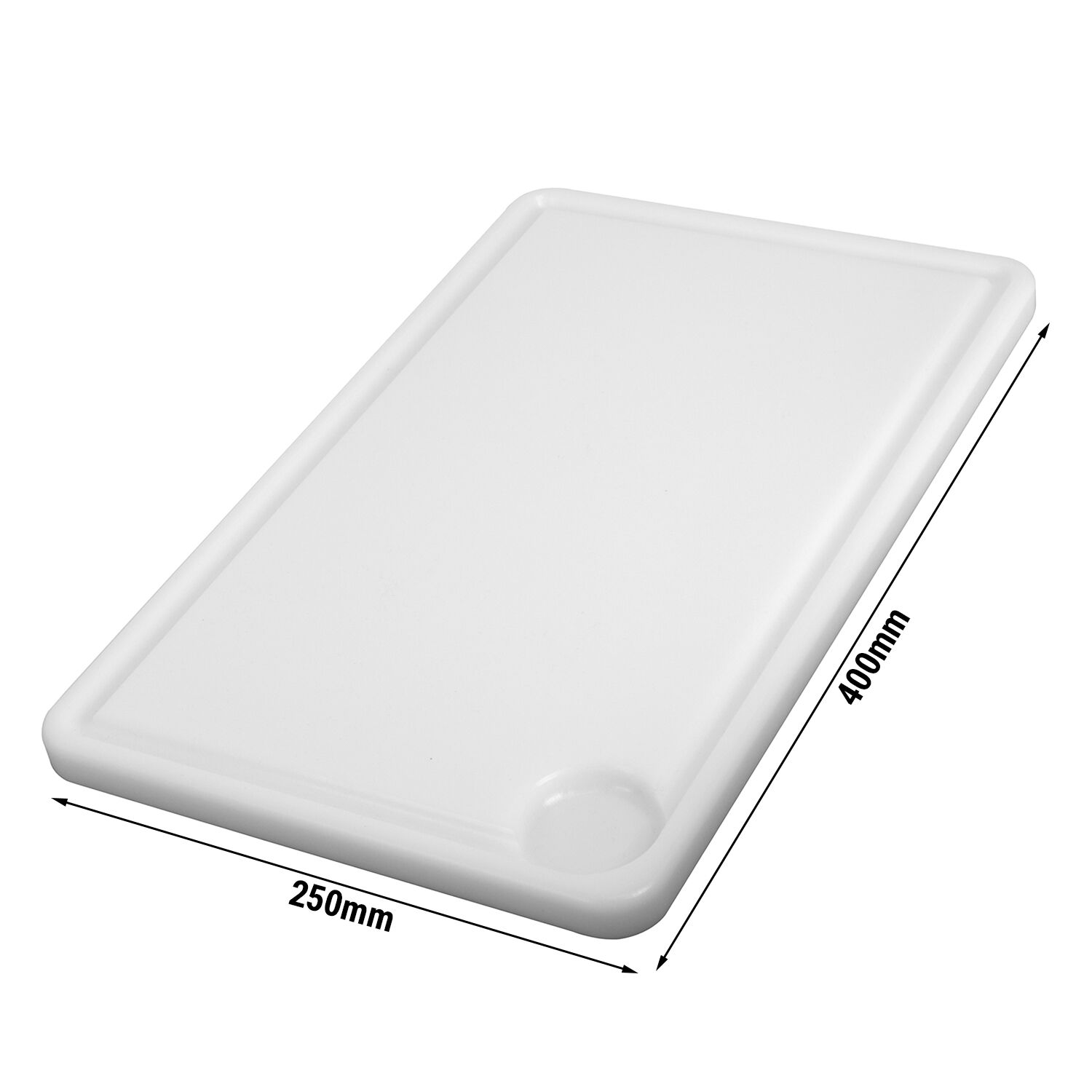 Planche à découper avec rigole à jus - 250x400mm - Épaisseur: 20mm - Conforme HACCP - PEHD 500 - Blanc