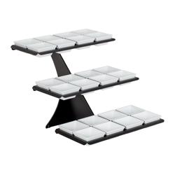 Açık Büfe Teşhir Standı - 3 katlı - Edelstahl, Melamin - Siyah - köşeli - 320x460x420mm - dahil 24 Melamin Kase 100x100mm - 3 raf ile