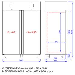 Koel-/vriescombinatie RVS PREMIUM - GN 1/1 - GN 2/1 - 1400liter - tot -25°C tot +8°C - met 2 deuren - geforceerde koeling, automatische ontdooiing & LED‑verlichting - 1400mm