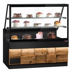 Koeltoonbank TORONTO - 1600x880mm - kleur zwart - front houtlook natur - dubbel glas - met 2 legroosters - zwart granieten werkblad