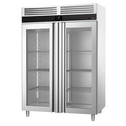 Koelkast RVS PREMIUM - GN 2/1 - 1400mm - 1400liter - tot +8°C - met 2 glasdeuren - geforceerde koeling, LED‑verlichting & legroosters