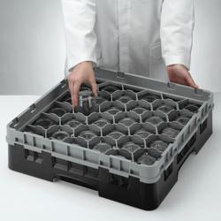 CAMBRO | CAMRACK® 30-Compartment Glass Rack – Ø79 mm – 500×500 mm – 1 Extender – Black – H 143 mm