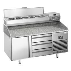 Masă rece pentru pizza PREMIUM PLUS - cu blat din granit - 1490x700 mm - cu 1 ușă & 3 sertare - cu vitrină de ingrediente - 6x GN 1/4
