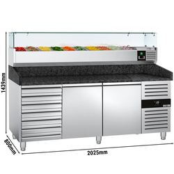 Rashladni pult za pripremu pizze PREMIUM - 2000x800 mm - sa 2 vrata & 7 ladica - uklj. Rashladna nadograđena vitrina - 10x GN 1/4
