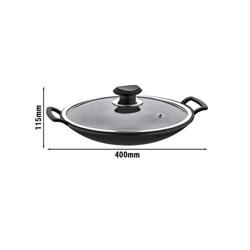 Wok fondo piatto - bordo alto - 2 manici - per induzione - Ø 300mm - 330x400mm - Altezza: 115mm - Antiaderente - con coperchio in vetro - Nero