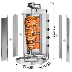 Machine à Kebab / Gril vertical à gaz - 4 brûleurs - 13kW - pour 60kg de viande - livré avec 2 volets, 1 broche, 2 pare-graisses et bac à graisse