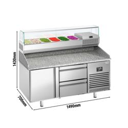 Masă rece pentru pizza PREMIUM PLUS - cu blat din granit - 1490x700 mm - cu 1 ușă & 2 sertare - cu vitrină de ingrediente - 6x GN 1/4