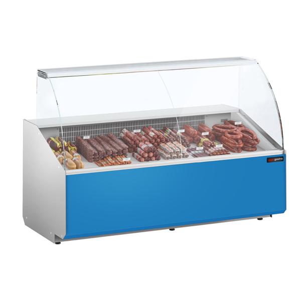 Commercial Refrigerated Serve-Over Counter PREMIUM - 1881 mm - +2 to +6°C - panoramic glass - light blue front