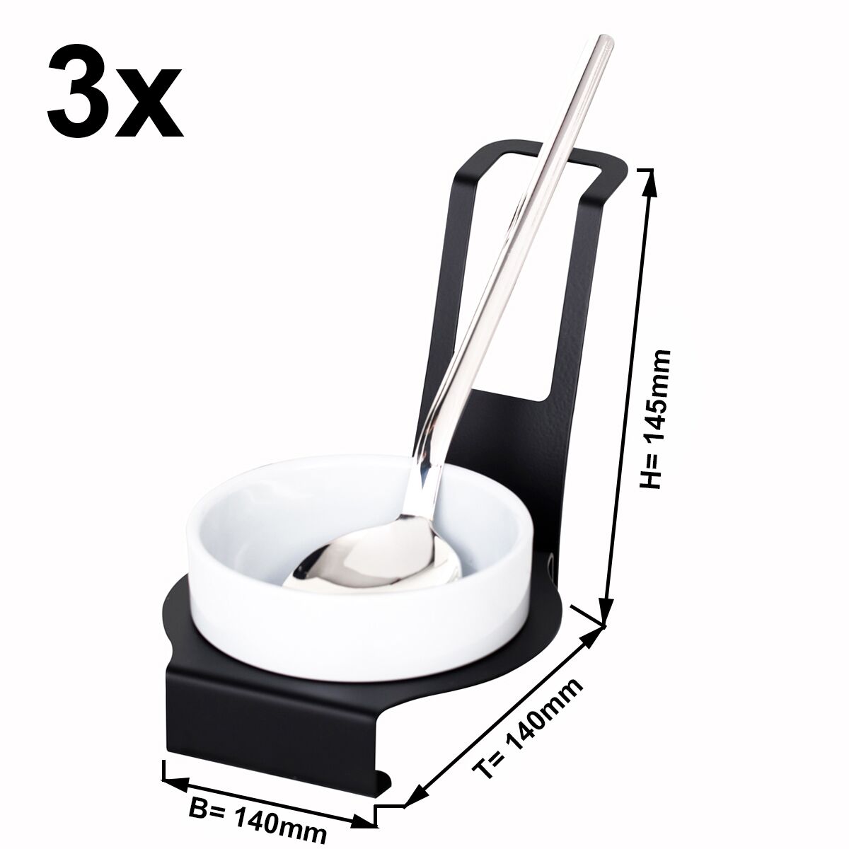 (3 pcs) Support porte cuillères - Rond - Acier inoxydable - 140x140x145mm - Noir | Lot de 3 supports porte cuillères noirs