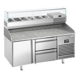 Pizzawerkbank PREMIUM PLUS - 1490x700mm - met granieten werkblad - met 1 deur & 2 laden - incl. glasvitrine - 6x GN 1/4