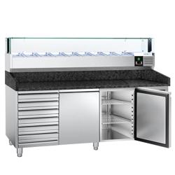 Banco pizza refrigerato PREMIUM - 2025x800mm - con 2 porte & 7 cassetti - piano in granito - con vetrina ingredienti refrigerata superiore LED - 9x GN 1/3
