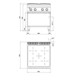 Cucina in vetroceramica professionale - PAOLO 900 - 800x900x940mm - 16,0 kW - 4 piastre - su vano aperto
