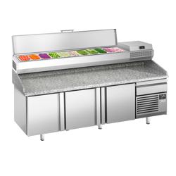Table réfrigérée à pizza Premium PLUS - 2305x800 mm - avec 3 portes & 1 tiroir - incl. vitrine réfrigérée - 11x GN 1/4