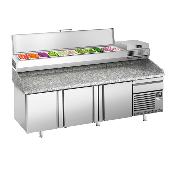 Pizzawerkbank PREMIUM PLUS - 2305x800mm - met granieten werkblad - met 3 deuren - incl. opzetkoelvitrine - 11x GN 1/4