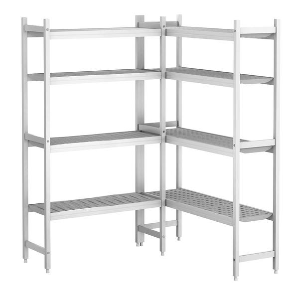 Set de rafturi din aluminiu - Kit în L - 1990x360x(H)1685 + 946x360x(H)1685 mm - Configurație: în L - Adâncime: 360 mm - cu 4 polițe perforate - Capacitate/poliță: 90 kg (600 kg/raft)